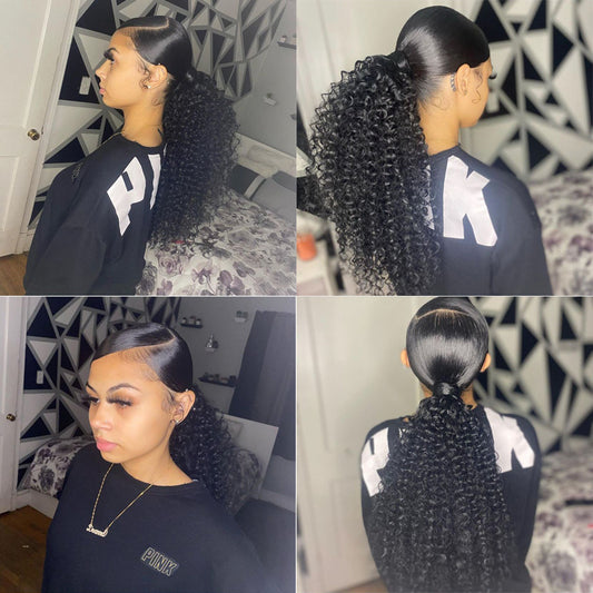 Kinky Curly Human Hair Ponytail Extension | Velcro Wrap Natural Black 8"-28"
