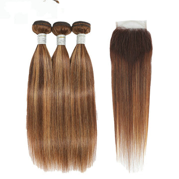 3 Bundles Piano Brown Highlights Straight With 4X4 Closure Virgin Human Hair