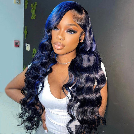 Blue Highlights Body Wave Human Hair Lace Front Wig