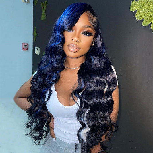 Blue Highlights Body Wave Lace Front Wig — 100% Human Hair, 13x4/13x6