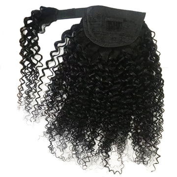 Kinky Curly Human Hair Ponytail Extension | Velcro Wrap Natural Black 8"-28"