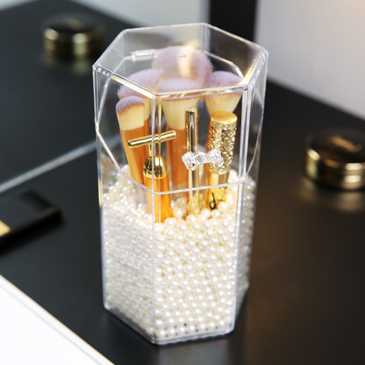 Clear Acrylic Makeup Brush Holder | Six-Sided Organizer, Pink & White