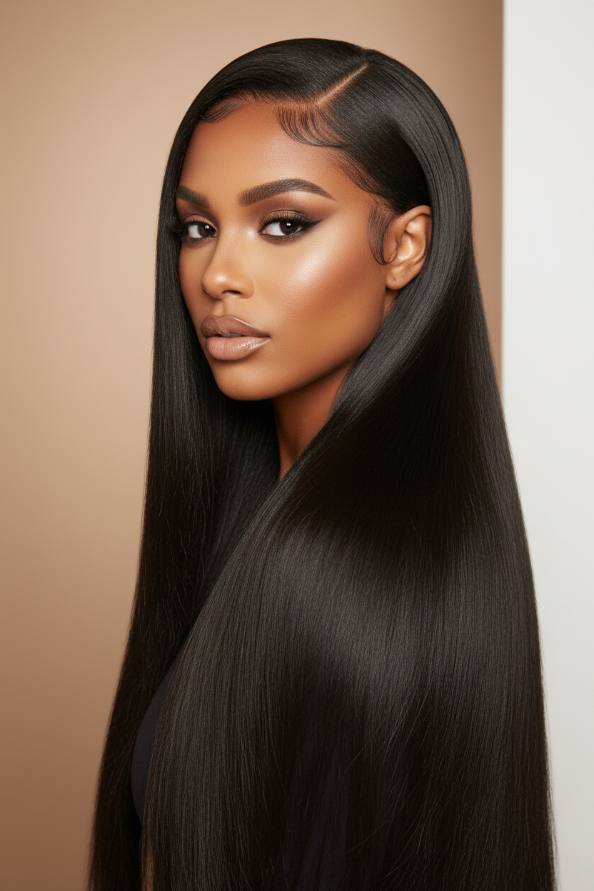 Model Straight Hair Side Part Baby Hairs